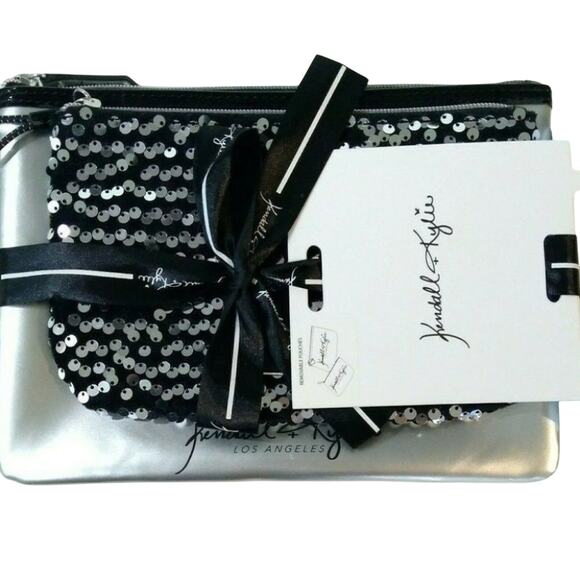 Kendall + Kylie 2pc Pouch Set with Silver Metallic & Sequins Travel Makeup Bags - Picture 1 of 4